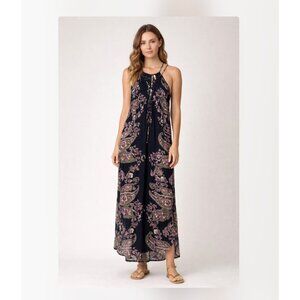 Free People Dress Womens 8 Black Paisley Halter Maxi Cutout Boho Sundress